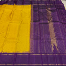 Sarasangi- Gorgeous Yellow with Purple Handwoven Pure Jari Korvai Podikattam Woven Kanjivaram Silk with beautiful rettapet borders rich seer pallu and contrast woven purple blouse