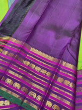 Gorgeous Sneha Green with Deep Purple Handwoven Pure Jari Korvai Kanjivaram Silk Saree with rich kamalam buttas woven body with elephants and annapakshis woven varisaipet broad borders gorgeous pallu and contrast woven blouse