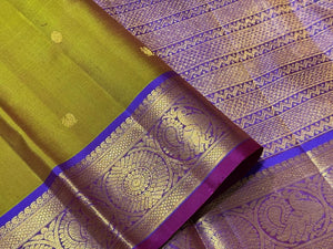 Sampanga Green with Violetish Purple Buttas Handwoven Pure Kanjivaram Silk Saree Beauty