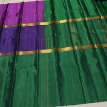 Sahana- Beautiful Purple with Magenta and Green Mubbakam Style Handwoven Pure Jari Kanjivaram Silk with classic borders pallu and contrast woven blouse