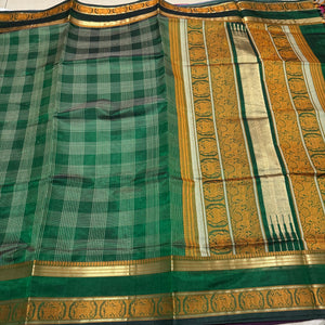 Deep Emerald Green with Gold Yazhi borders muthukattam checked Premium Handwoven Pure Kanjivaram Silkcotton Saree Beauty