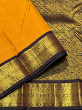 Vaibhogam - Stunning Mustard with Snuff Brown Buttas Handwoven Pure Jari Korvai Kanjivaram Silk with beautiful borders rich pallu and contrast woven blouse