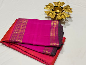 Orange with Pink Handwoven Pure Jari Kanjivaram Silk Saree with Doublepet Borders and Mallimoggu buttas Beauty