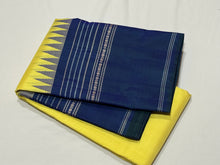 Stunning Lemon Yellow with Deep Peacock Blue Handwoven Pure Korvai Zariless Kanjivaram Silk Saree with temples woven borders classy pallu and contrast woven blouse