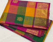 Sahana- Gorgeous Palum Pazhamum Multichecks with Gandaberunda Motifs Handwoven Pure Jari Kanjivaram Silk with rich borders gorgeous pallu and contrast zari striped beautiful blouse