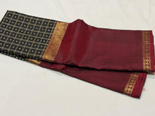 Sahana- Stunning Black with Deep Maroonish Brown Handwoven Pure Jari Kanjivaram Silk with Lakshadeepam Mubbagam Style woven beautiful body with long borders rich pallu and black color blouse with maroonish brown borders