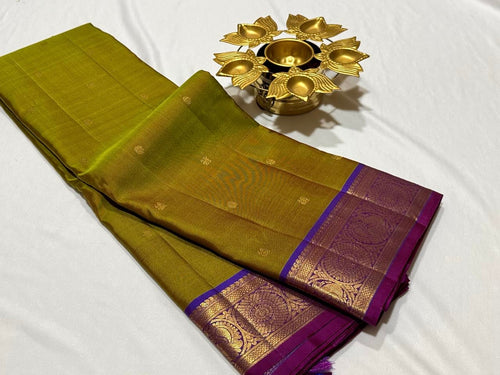 Sampanga Green with Violetish Purple Buttas Handwoven Pure Kanjivaram Silk Saree Beauty