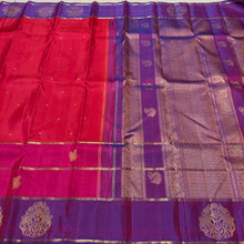 Vaibhogam- Stunning Orange, Pink with Purple Handwoven Pure 2g Jari Kanjivaram Silk with buttas woven body with middle portion in orange lower portion in pink and borders pallu and blouse in beautiful purple with border motifs woven beautifully!
