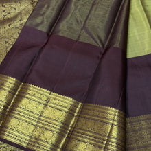 Vaibhogam- Gorgeous Elaichi Green with Coffee Brown Vairaoosi with Buttas Handwoven Pure 2g Jari Kanjivaram Silk with beautiful broad coffee brown borders rich pallu and contrast woven blouse