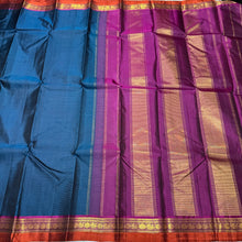 Deep Sapphire Blue with Dark Wine Spaced Borders Handwoven Pure Jari Kanjivaram Silk Saree Beauty