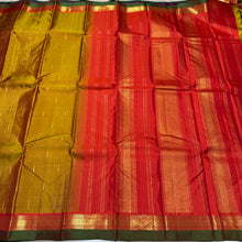 Golden Sampanga with Orange Mallimoggu Buttas Handwoven Pure Jari Kanjivaram Silk Saree Beauty