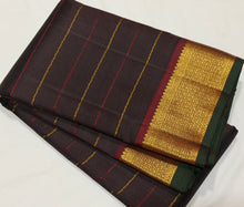 Sahana- Gorgeous Coffee Brown with Maroonish Brown Handwoven Pure 2g Jari Kanjivaram Silk with Neli Veldhari woven beautiful body with rich borders with green selvedges beautiful seer pallu and contrast woven blouse