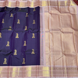 Deep Purple with Soft Pink Handwoven Pure Jari Korvai with Buttas Kanjivaram Silk Saree Beauty