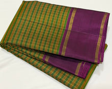 Sahana- Gorgeous Green and Mustard Handwoven Pure Jari Kanjivaram with multichecks kottadi Jari Podikattam with beautiful borders rich pallu and contrast woven wine blouse