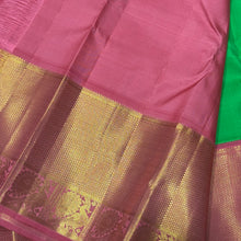 Bright Parrot Green with Coral Pink Handwoven Pure Jari Korvai Kanjivaram Silk Saree with Buttas woven body rich borders pallu and contrast woven blouse beauty