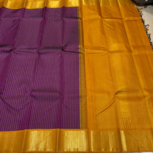 Vaibhogam- Gorgeous Deep Magenta with Mustard Handwoven Pure2g Jari Korvai Kanjivaram Silk with beautiful striped body with rich korvai borders beautiful rich seer pallu and contrast woven blouse