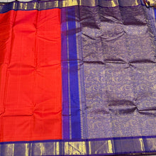 Orange with Violetish Blue Handwoven Pure Jari Korvai Kanjivaram Silk Saree Beauty