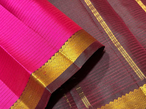 Bright Pink with Dual tone Manthulir Brown Small Border Handwoven Pure Light Weight Kanjivaram Silk Saree Beauty with Striped body