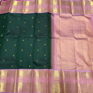 Bottle Green with Peachish Pink Korvai with Buttas Handwoven Pure Jari Kanjivaram Silk Saree Broad Borders Beauty