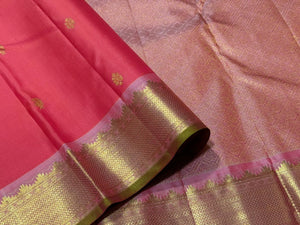 Dual tone Lotus Pink Short Orange body with Lotus Pink Pallu Blouse Handwoven Pure Jari Kanjivaram Silk Saree Buttas Beauty