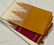 Saraswati- Offwhite with Ganga Jamuna Temple Bordered Handwoven Premium Zariless Korvai Kanjivaram Silk with Seer Mustard Pallu and contrast woven mustard blouse