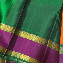 Sarasangi- Stunning Orange with Deep Emerald Green Handwoven Pure Jari Korvai Kanjivaram Silk with beautiful kasakasa podikattam woven body with beautiful doublepet borders rich pallu and contrast woven blouse