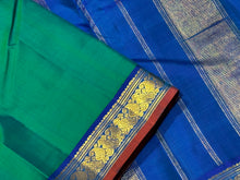 Peacock Green with Peacock Blue Small Borders Handwoven Pure Jari Kanjivaram Silk Saree Beauty