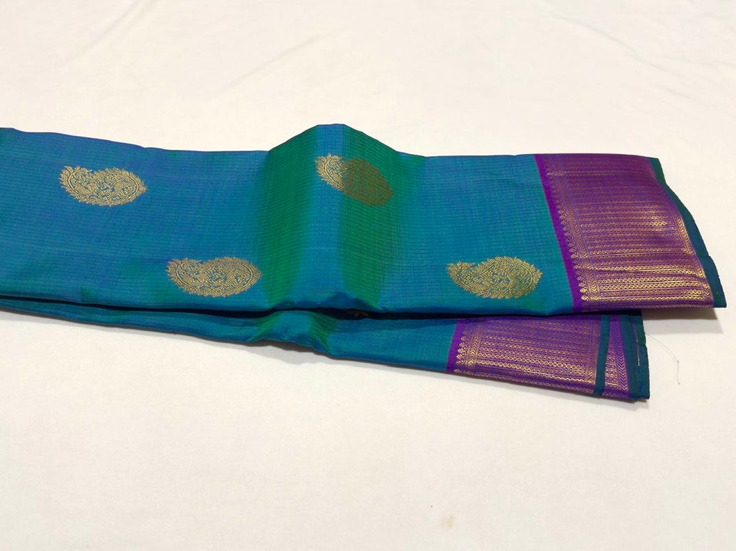 Peacock Blue Green with Purple Muthukattam with Buttas Mayilkan Borders Handwoven Pure Jari Kanjivaram Silk Saree Beauty