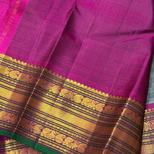 Sahana-Gorgeous Light & Dark Grey with Deep Magenta Handwoven Pure Jari Kanjivaram Silk in paimadi style woven body with rich varisai borders with green selvedged beautiful rich seer pallu and contrast woven blouse