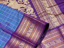 Premium Zariless Weave- Peacock Blue with Deep Purple Muthukattam Checks Handwoven Pure Kanjivaram Silk Saree with Doublepet Borders rich pallu sorgavasal themed with contrast blouse beauty