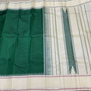 Bottle Green with Offwhite Handwoven Pure Zariless Korvai Kanjivaram Silk Saree with Temple Borders Beauty