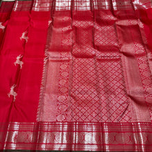 Red with Silver Jari Handwoven Pure Kanjivaram Silk Saree with Green Selvedges with Deer motifs woven all over the body with rich borders pallu and self colored blouse