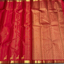Red with Gold Vairaoosi With Deer Buttas woven Border Handwoven Pure Kanchipuram Silk Saree Beauty
