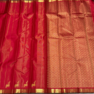 Red with Gold Vairaoosi With Deer Buttas woven Border Handwoven Pure Kanchipuram Silk Saree Beauty