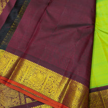 Vaibhogam-Gorgeous Sneha Green with Deep Maroonish Brown Handwoven Pure Jari Korvai Kanjivaram Silk with beautiful kolam buttas woven body with rich borders with orange selvedes gorgeous pallu with polka dots woven and contrast woven blouse