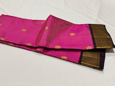 Deep Pink with Dark Brown Vairaoosi Korvai with Buttas Handwoven Pure Jari Kanjivaram Silk Saree Beauty
