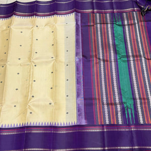 Offwhite with Deep Purple Buttas Handwoven Pure Zariless Premium Kanchipuram Silk Saree with Korvai temple borders