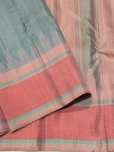 Saraswati-Premium Zariless- Gorgeous Zariless Pure Korvai Kanjivaram Silk with temple borders in a beautiful Grey with Peachish Pink combination with checked body!