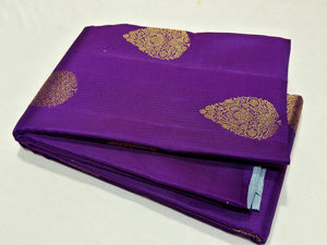 Purple with Greyish Blue Borderless muthukattam with buttas Handwoven Pure Jari Kanjivaram Silk Saree Beauty