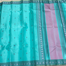 Turquoise Blue Green Handwoven Pure Zariless Soft Kanjivaram Silk Saree with Buttas body and meenakari borders striped blouse beauty