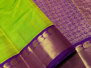 Sneha Green Purple Handwoven Pure Jari Korvai Kanjivaram Silk Saree Beauty 3.5 inches borders