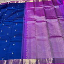 Beautiful Prussian Blue with Purple Buttas Handwoven Pure Kanjivaram Silk Saree with rich borders pallu and contrast woven blouse beauty