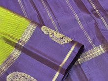 Olive Green with Dark Aubergine Purple Self Striped body with border paisley motifs Handwoven Pure Classic Simple Kanchipuram Silk Saree Beauty