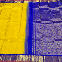 Vaibhogam- Lemon Sampanga with Royal Blue Handwoven Pure Jari Korvai with Buttas Kanjivaram Silk Saree with beautiful borders with rust piping rich pallu and contrast woven blouse