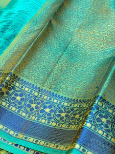 Yellow with Turquoise Green Blue Handwoven Pure Zariless Self Striped Soft Kanjivaram Silk With Buttas Body rich pallu and Jacquard Blouse