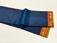 Deep Sapphire Blue with Burnt Orange Small Borders Handwoven Pure Jari Kanjivaram Silk Saree Beauty