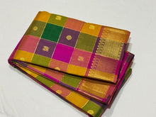 Vaibhogam- Stunning Palum Pazhamum Multichecks with Jari kattam and mayil chakram buttas Handwoven Pure 2g Jari Kanjivaram Silk with rich borders pallu and contrast pink blouse beauty