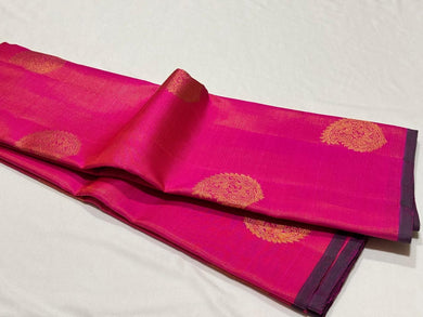 Dual tone Rose Pink with Emerald Green Blouse Borderless Vairaoosi with Buttas Handwoven Pure Jari Kanjivaram Silk Saree Beauty
