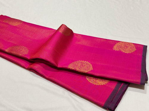 Dual tone Rose Pink with Emerald Green Blouse Borderless Vairaoosi with Buttas Handwoven Pure Jari Kanjivaram Silk Saree Beauty