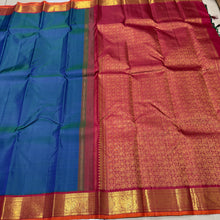 Sarasangi- Gorgeous Peacock Blue with Arakku Red Handwoven Pure Jari Korvai Kanjivaram Silk with beautiful borders with orange selvedges rich pallu and contrast woven blouse